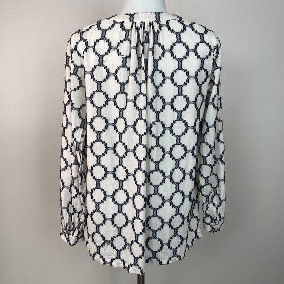 LOFT Top XS Ivory Navy Blue Textured Lightweight Cotton Popover Blouse Women's - Picture 6 of 13